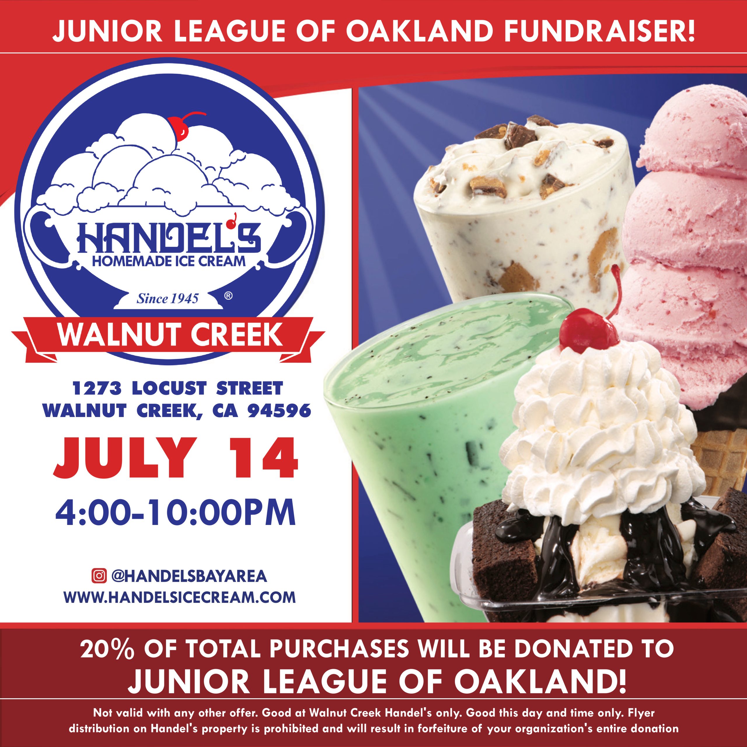 JLOEB Fundraiser at Handel's Homemade Ice Cream Walnut Creek - July 14 from 4:00 – 10:00 PM. 20% of proceeds benefit the Junior League of Oakland-East Bay.