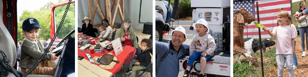 Attendees enjoy Touch a Truck 2025 including a cute kid happy in the drivers seat of a big truck, children enjoying our face painting and activities table, father and son pose with the PG&E truck, and a kid enjoys feeding a goat.