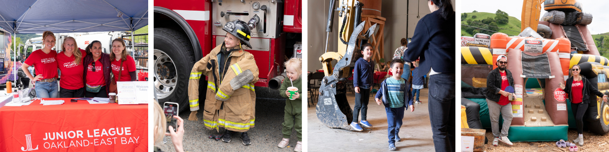 Attendees and volunteers at Touch a Truck 2025 including the friendly faces at the welcome booth, a child trying on firefighter gear, kids excited about an excavator, and volunteers welcoming you to the bounce house.